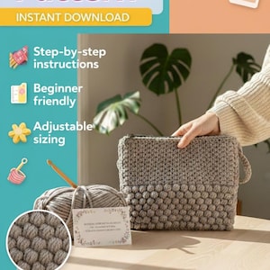 Puede incluir: Un patrón de crochet en PDF para un bolso de mano tipo cárdigan DIY hecho a mano. La imagen muestra un bolso gris terminado con un diseño texturizado, un ovillo de lana y un ganchillo. El patrón es apto para principiantes y ofrece tallas ajustables.