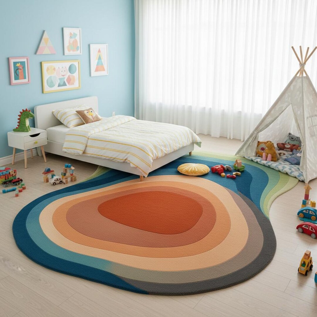 Kids Rug Neutral Layered Kids Rug | Irregular Shape Multicolor Carpet | Handmade ...