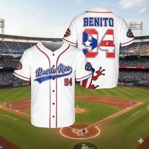 May include: White baseball jersey with red trim, featuring "Puerto Rico" in blue script and the number "94". The back displays "BENITO" and "94" in red and blue, with a Puerto Rican flag design. A baseball field is in the background.