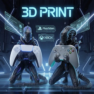 May include: Two black extraterrestrial figures in a dark, futuristic setting, each holding a gaming controller. The left figure holds a white controller, and the right figure holds a gray controller. Text above reads 3D PRINT, with PlayStation and XBOX logos.