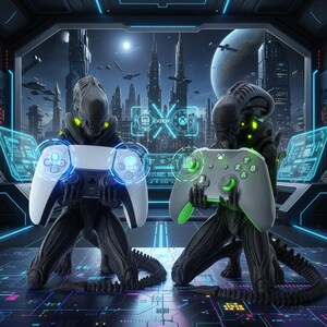 Op de afbeelding: Twee zwarte xenomorph-figuren knielen in een futuristische omgeving, elk met een gamecontroller. Het linkerfiguur houdt een witte controller met blauwe lichtaccenten vast, het rechterfiguur een grijze en groene controller met het Xbox-logo.