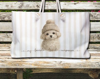 Puppy in Beanie Striped Weekender Bag | Maltipoo Mom Overnight Travel Tote