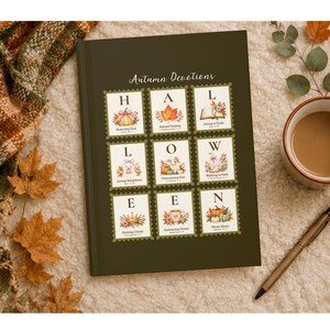 May include: A dark olive green hardcover book titled Autumn Devotions, featuring a grid of nine postage stamp-style illustrations with letters spelling HALLOWEEN, each paired with seasonal autumn imagery and small scripture references.