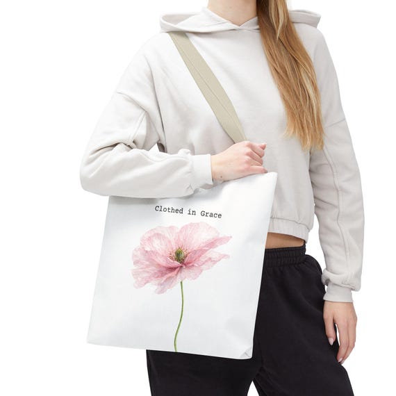 Clothed in Grace Pink Watercolor poppy Tote Bag | Minimalist Botanical Canvas Bag