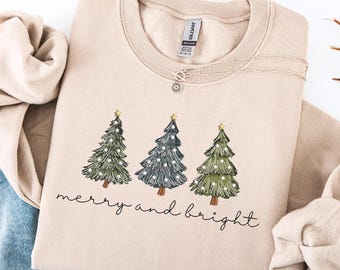 Geborduurd vrolijk en helder kerstboomtrui, kerstshirt cadeau voor hem of haar
