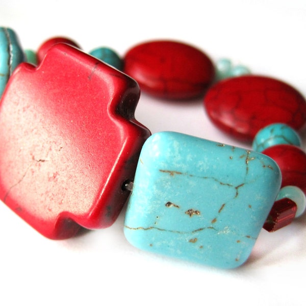 Aqua bracelet - red bracelet - Turquoise bracelet - Winter jewelry - stone, red stone - stretch bracelet - cross, geometric - LOVE ON ICE