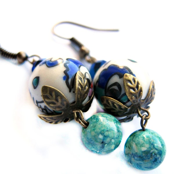 Green earrings, blue earrings - Asian designs, hanzi, logograms, dragon - year of the dragon - Ceramic beads, River rocks