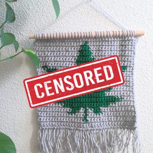 May include: A handmade, gray crochet wall hanging with a green leaf design. The wall hanging is rectangular, with a fringe at the bottom and a wooden dowel at the top for hanging. The word "CENSORED" is printed on a red rectangle over the image.