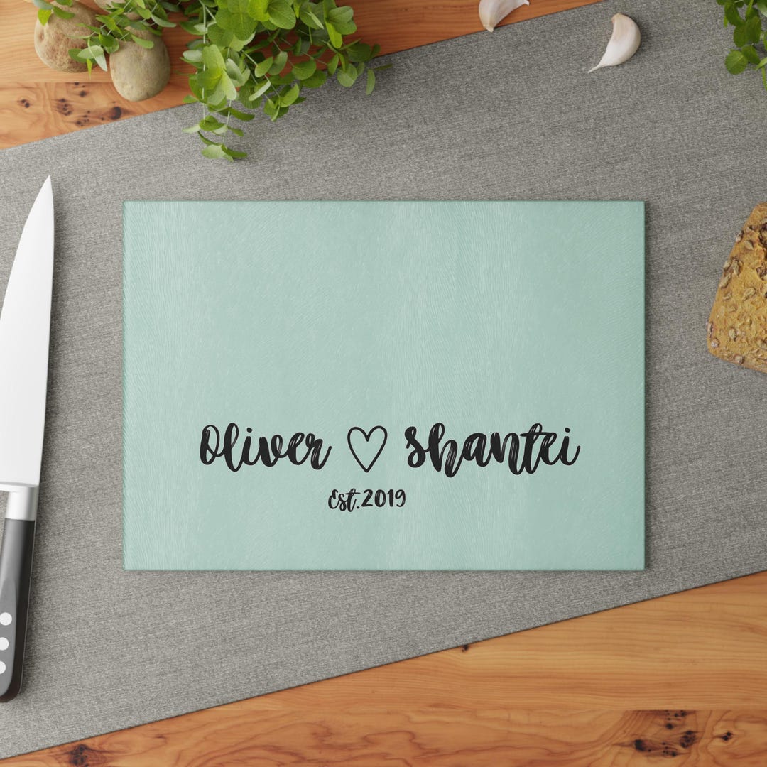 Engraved Script Numbers Custom Engraved Script Names With Heart Glass Cutting Board ...