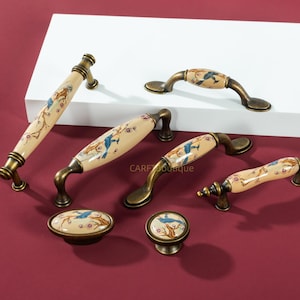 Puxadores de gaveta em formato de galho de pássaro - Puxadores de armário de cozinha em latão antigo, puxadores de porta em cerâmica com estampa floral