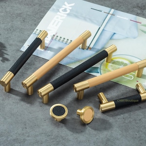 Yellow Black Leather Drawer Pulls Knobs: Brass Kitchen Cabinet handles , dresser knobs