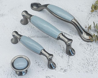 Ceramic Drawer pulls knobs - Blue Cabinet handles, Nickel Kitchen door pulls hardware