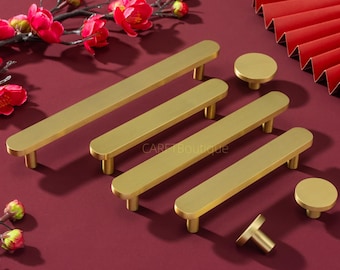 Puxadores de gaveta de latão maciço, Puxadores de armário de latão escovado, Puxadores de cômoda dourados, Ferragens de cozinha