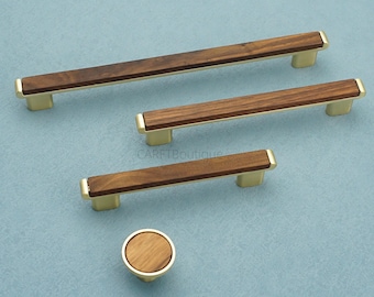 ブラックウォルナット＆ゴールドの引き出し取っ手：天然木製キャビネットノブ