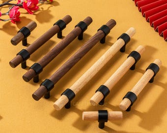 カスタマイズ可能なウォールナット＆ブナ材キャビネットプル：真鍮アクセント引き出しハンドル、木製ドレッサーノブ