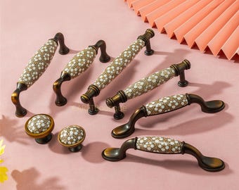 Flower Ceramic Drawer knobs pulls  - Antique Brass Kitchen Cabinet handles,Floral door pulls hardware