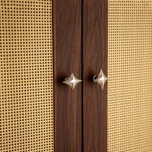 以下が含まれることがあります： 織り込まれた籐のパネルと濃い色の木製のドアを備えたキャビネットドアのクローズアップ。ドアには星型のシルバーの取っ手が付いています。キャビネットはミッドセンチュリーモダンな美学を持っています。