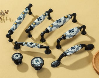 Floral Ceramic Cabinet knobs pulls ,Flower Dresser Drawer handles, Kitchen door pulls hardware