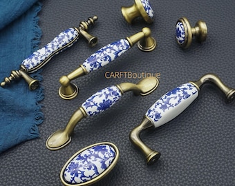 Blue Flower Ceramic Drawer pulls ,Antique Brass Kitchen Cabinet handles,Dresser knobs hardware