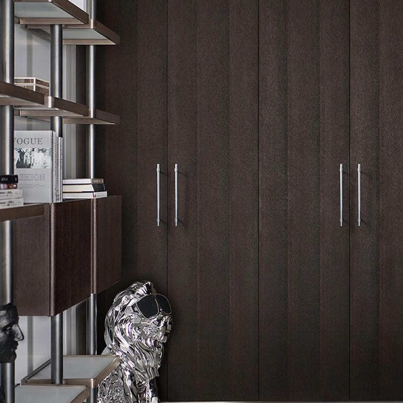 Peut inclure: Une armoire en bois brun fonc&eacute; avec des panneaux verticaux et des poign&eacute;es argent&eacute;es. Une sculpture argent&eacute;e d'une t&ecirc;te portant des lunettes de soleil est au premier plan. Une &eacute;tag&egrave;re moderne avec des livres et le magazine Vogue est &agrave; gauche.