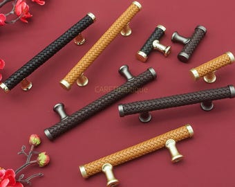 Tiradores de cajón de cuero trenzado: tiradores de gabinete marrón oscuro, pomos de puerta únicos