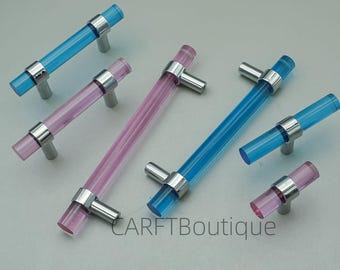 Rosa & Blau Acryl-Schrank-Knauf - Chrom Halter Schubladenknauf, Küchentürgriffe Hardware