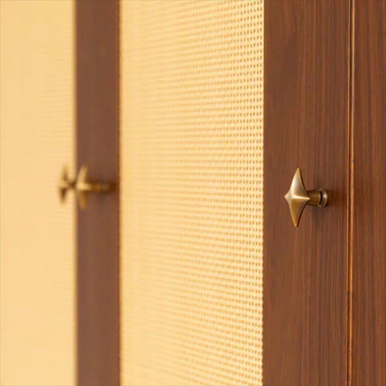 以下が含まれることがあります： 星型の真鍮製ノブが付いた木製キャビネットのクローズアップ。キャビネットのドアは濃い木目調で、隣接するパネルは穴あき、明るい色の表面です。ノブはドアの中央に配置されています。