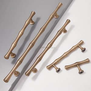 K&ouml;nnte beinhalten: Bronzefarbene Schrankgriffe im Bambus-Design. Die Griffe variieren in Gr&ouml;&szlig;e und Form und haben eine naturalistische &Auml;sthetik. Die Hardware ist auf einem wei&szlig;en und grauen Hintergrund angeordnet und zeigt die verschiedenen Gr&ouml;&szlig;en und Stile.