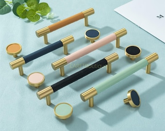 Tiradores de cuero y latón para gabinetes: Tiradores de cajón azul oscuro, tiradores de tocador rosas