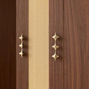 以下が含まれることがあります： 真鍮製のスターバースト型ハンドルが付いた木製キャビネットのクローズアップ。キャビネットのドアは濃い茶色で、中央に織り込まれたベージュのパネルがあります。ハンドルは温かみのあるゴールド色です。