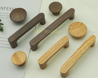 ウォールナットまたはホワイトオークの引き出し取っ手：木製キャビネットハンドル、木製ドレッサーノブ