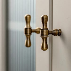 K&ouml;nnte beinhalten: Nahaufnahme von zwei antiken T&uuml;rgriffen aus Messing. Die Griffe haben ein klassisches, elegantes Design mit einem warmen, gealterten Finish. Die Griffe sind an einer hellen T&uuml;r montiert, mit einem unscharfen Hintergrund.