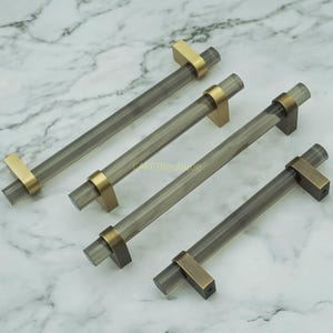 Smoke Acrylic Cabinet Pull: Brass & Bronze kitchen Door Handle , Clear Drawer knobs pulls