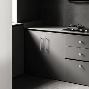 Peut inclure: Une cuisine moderne avec des meubles gris et des poign&eacute;es argent&eacute;es. Le plan de travail int&egrave;gre une table de cuisson &agrave; gaz. La sc&egrave;ne est &eacute;clair&eacute;e par la lumi&egrave;re naturelle, cr&eacute;ant un jeu d'ombres et de lumi&egrave;res.