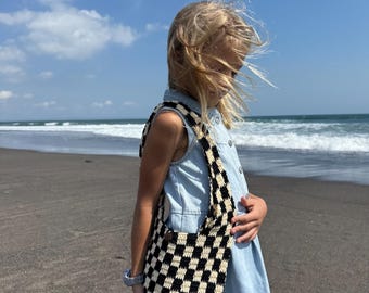 Handmade Crochet Checkerboard Shoulder Bag Eco-Friendly Cotton Tote