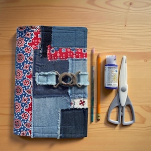 Denim Patchwork Journal/Blå Röd Vit Bandana-stil/Rustik Skräpjournal/Skissbok/Blandteknik