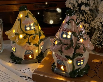 Whimsical Ceramic Mushroom Fairy House Lamp, Aesthetic Cottagecore Room Decor, Magic Flower Night Light, Cute Bedroom Shelf Gift