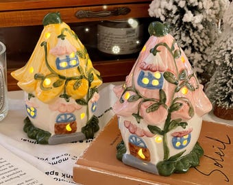 Whimsical Ceramic Mushroom Fairy House Lamp, Aesthetic Cottagecore Room Decor, Magic Flower Night Light, Cute Bedroom Shelf Gift