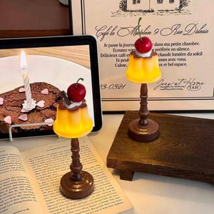 Pudding Night Light with Cherry, Cute Kawaii Dessert Table Lamp, Battery Operated Tiny Bedside Light, Coquette Room Decor, Gift for Her