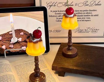 Pudding Night Light with Cherry, Cute Kawaii Dessert Table Lamp, Battery Operated Tiny Bedside Light, Coquette Room Decor, Gift for Her