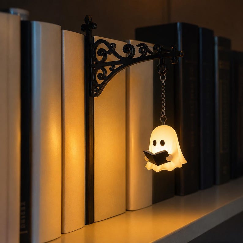 May include: A black metal bookend featuring an ornate, scrollwork bracket that extends outward. A small, glowing, white ghost figure holding a black book hangs from the bracket by a silver-toned metal chain, emitting a warm, soft light.