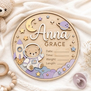 Personalized Baby Space Bear Birth Stat Sign, 3D Astronaut Bear Round Wood Nursery Sign, Custom Galaxy Newborn Keepsake Gift
