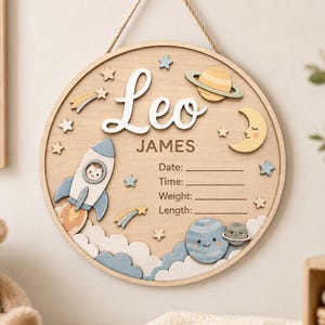 Personalized Space Birth Stat Sign, 3D Round Wooden Baby Birth Sign, Rocket Nursery Decor, Custom Newborn Gift