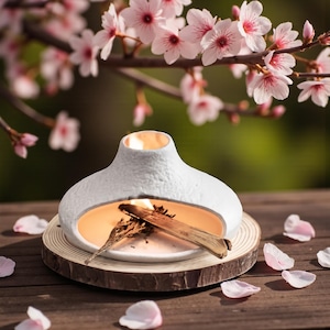 Op de afbeelding: Een witte keramische wierookbrander met een getextureerd oppervlak, brandende wierook, staat op een houten schijf. Roze kersenbloesems en bloemblaadjes zijn rond de brander verspreid, wat een serene en natuurlijke esthetiek creëert.