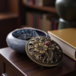 May include: A dark grey ceramic incense burner with a decorative bronze lid featuring a floral design. The lid is partially open, revealing wisps of smoke. A small red gem adorns the top of the lid. The burner sits on a dark wooden surface.