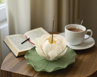 Ceramic Lotus Incense Holder, White Flower Burner for Sticks, Zen Meditation Decor, Yoga Studio Gift, Cute Lily Pad Ash Catcher, Home Spa