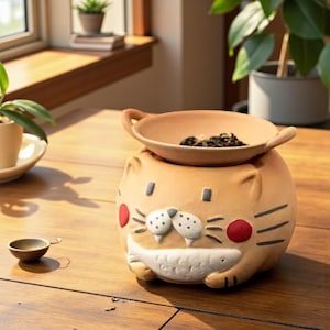 May include: A ceramic cat-shaped tea infuser with a small bowl on top, holding tea leaves. The infuser is tan with black stripes, red cheeks, and a white fish design. A small, round, metal tea strainer sits on the wooden table.