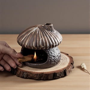 Op de afbeelding: Een bruine keramische wierookbrander in de vorm van een paddenstoel, met een getextureerd oppervlak en een kleine schoorsteen. De brander staat op een houten schijf en heeft een brandende wierookstok. De achtergrond is neutraal van kleur.