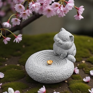 以下が含まれることがあります： 笑顔の灰色の石猫の像が、丸く質感のある石のボウルの上に座っています。中央には小さな金色のキャンドルホルダーがあります。ピンクの桜と緑の苔が像を取り囲んでいます。