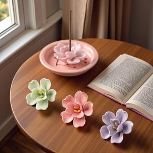 May include: A wooden table displays a pink ceramic incense holder with a flower design and an incense stick. Three ceramic flower figurines in green, pink, and purple are arranged near an open book. The scene is lit by natural light.